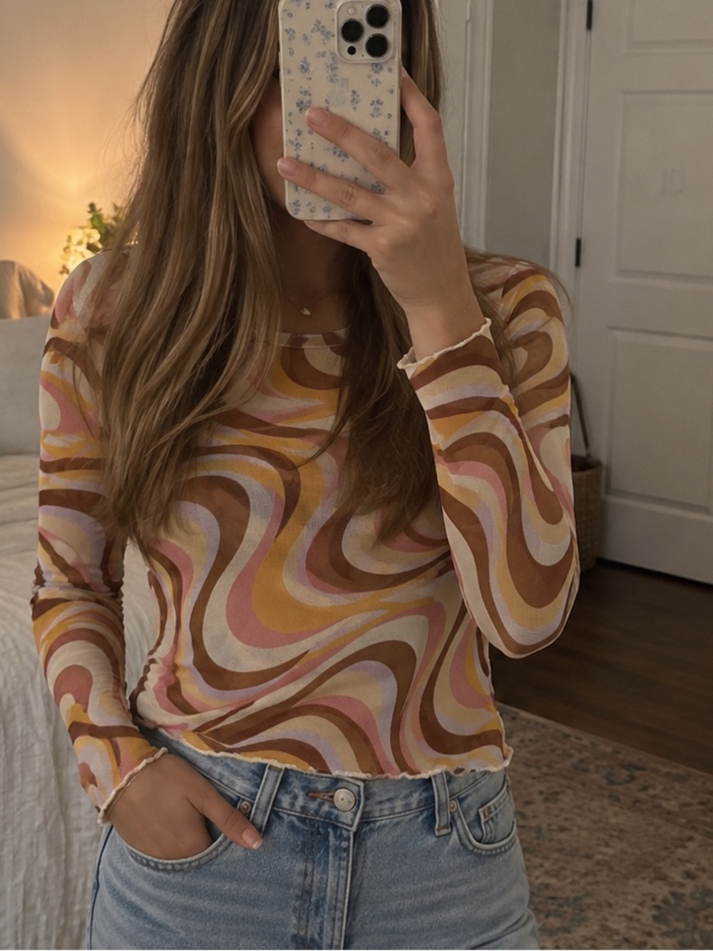 Alter’d State Retro Swirl Mesh Long Sleeve Top Size S